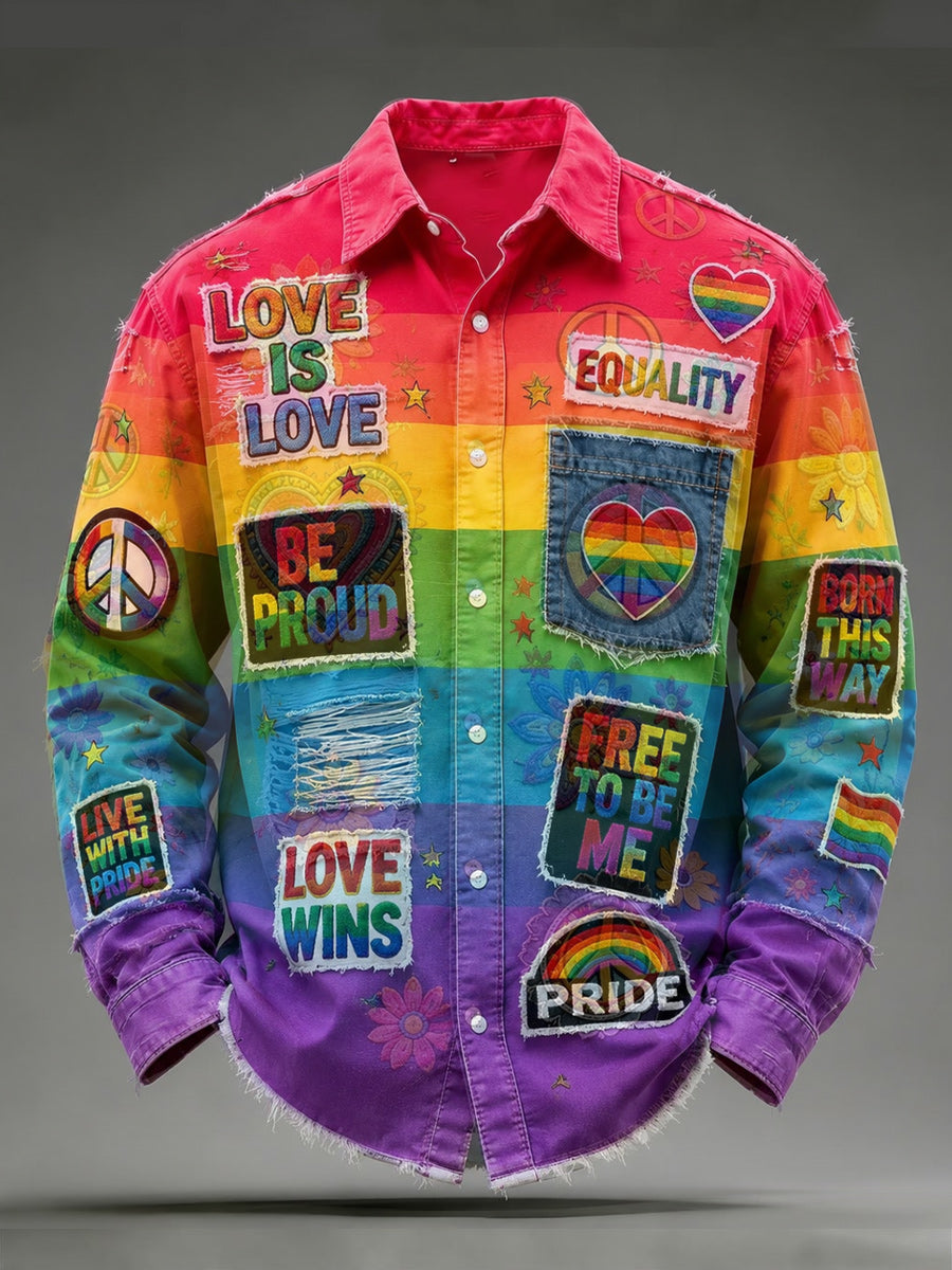 Retro Pride Month Rainbow Art Print Cotton Vintage Casual Cotton Long Sleeve Shirt